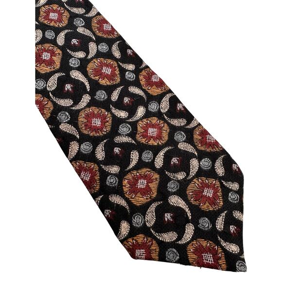 Vintage Black Floral Print Hunting Horn Silk Necktie - Picture 1 of 3